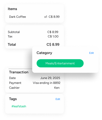 mockup of leafstash receipts detail user interface