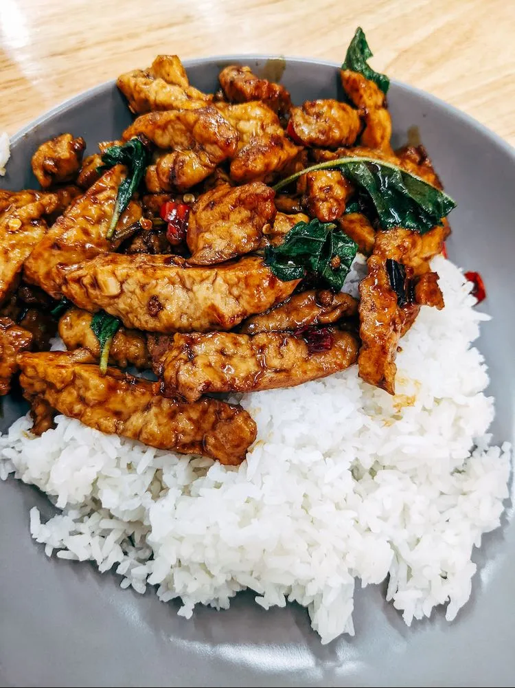 Image of meat-alternative protein on white rice
