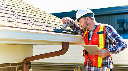 A contractor inspecting the roof for any issues.