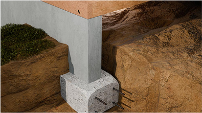 Concrete stem wall and footing foundation partially exposed in soil.
