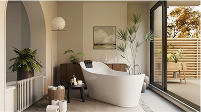 Stylish bathroom with a freestanding white tub, light-colored walls, indoor plants, and large glass doors to a patio