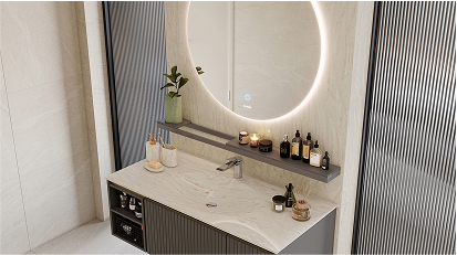 Modern bathroom vanity with round backlit mirror, minimalist sink, and organized countertop accessories.