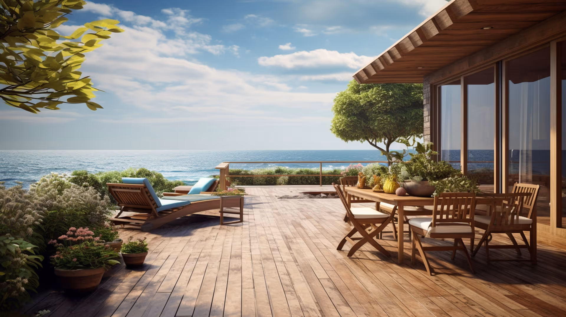 A luxurious oceanfront wooden deck attached to a modern house, featuring comfortable lounge chairs with blue cushions, a dining table with wooden chairs, and potted plants arranged throughout the area. The deck overlooks a scenic seascape with calm waves, lush greenery, and a clear blue sky dotted with soft clouds, creating a serene coastal atmosphere.
