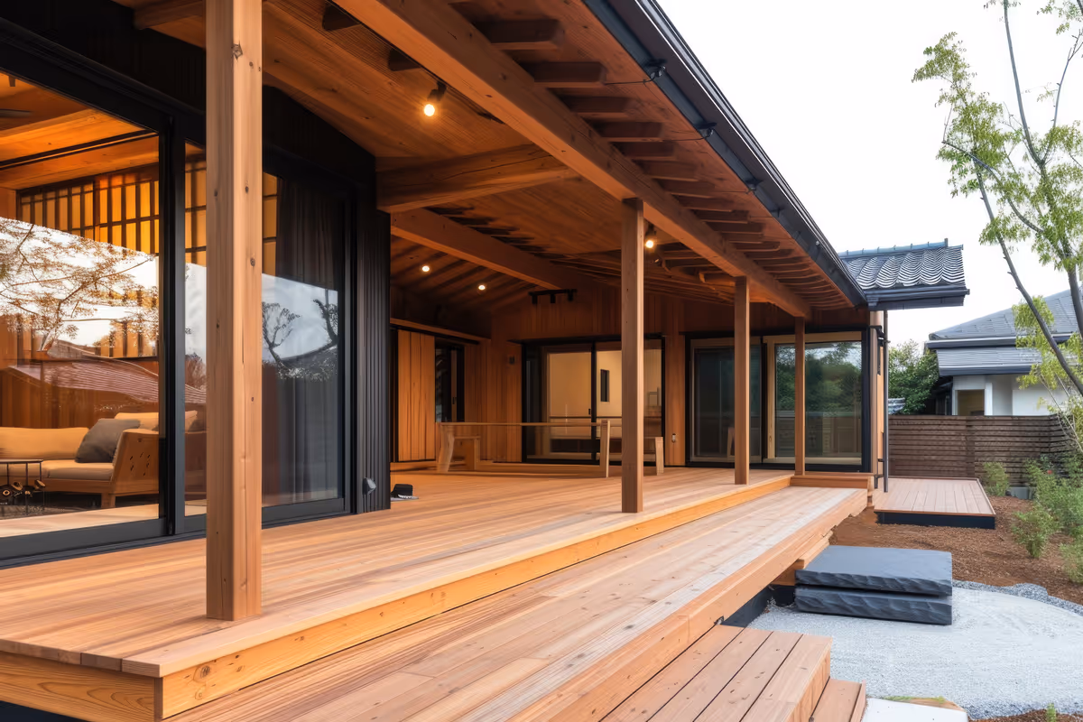 A modern Japanese-style wooden house with a spacious covered veranda, large sliding glass doors, and warm ambient lighting. The exterior features natural wood finishes, a tiled roof, and minimalist landscaping with gravel and stone steps, creating a serene and elegant atmosphere.