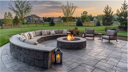 Spacious concrete patio with a circular fire pit, cozy outdoor furniture, and a scenic sunset view over a grassy field.