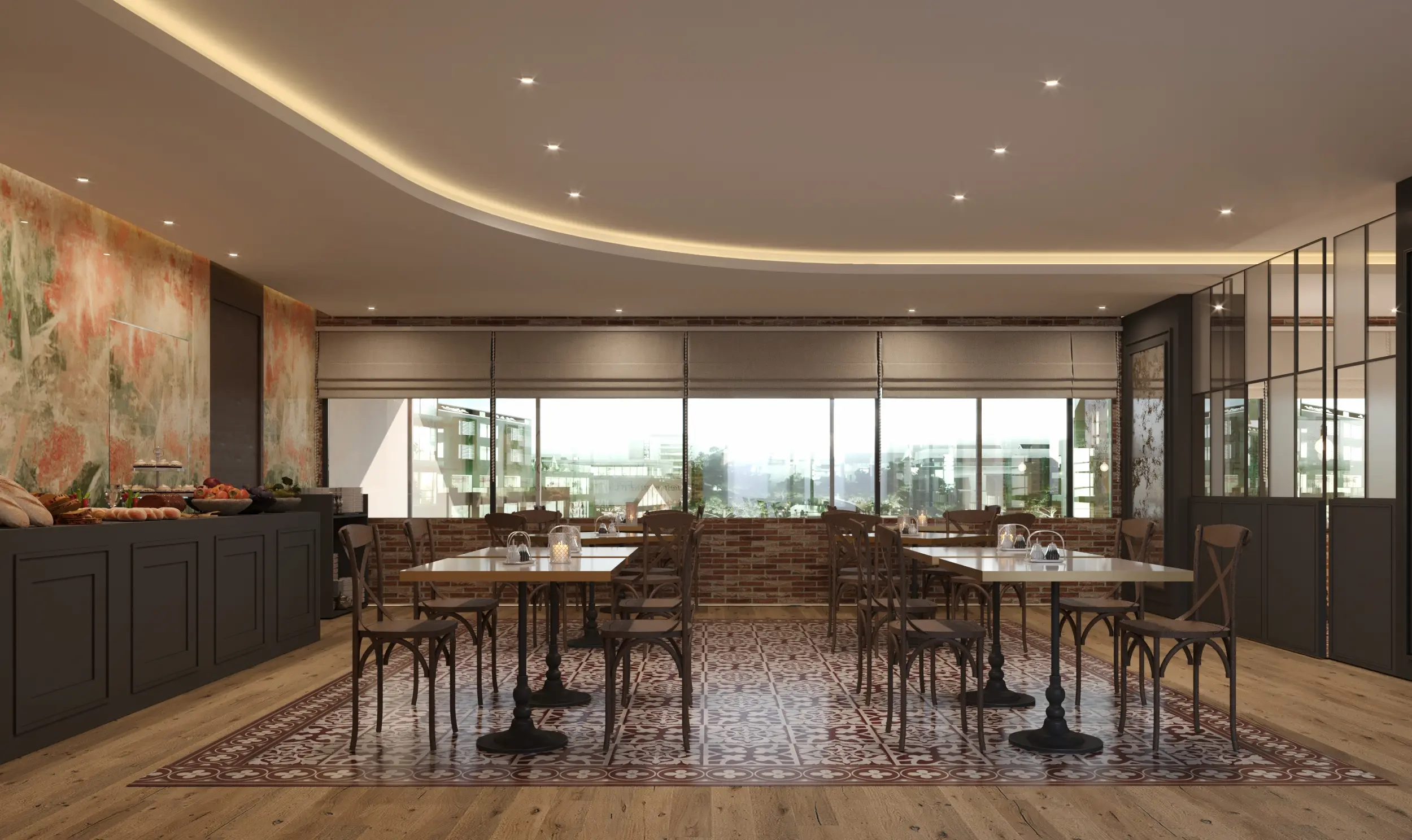 Buffet and breakfast counter at Premier Inn Doha featuring floral wall art, wooden flooring, and natural light enhancing the warm, inviting atmosphere.