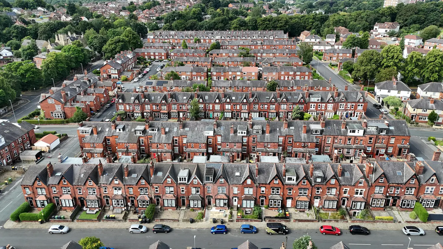 Aerial view of terraced houses often used for HMO investment properties in Yorkshire