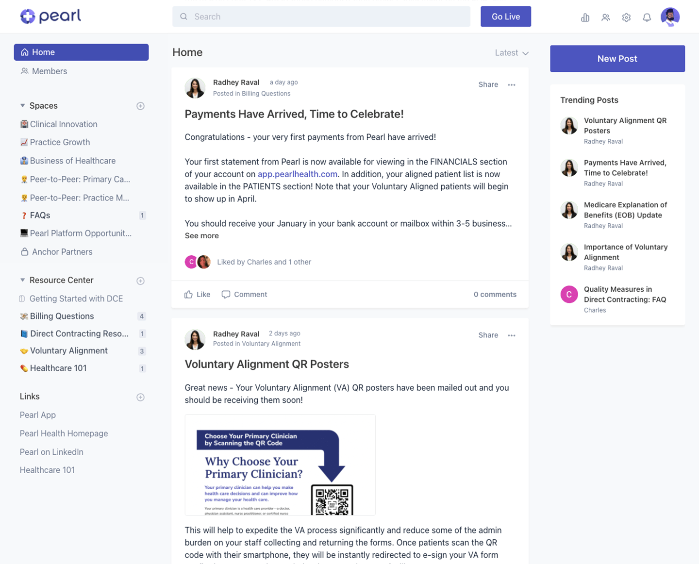 Pearl Health Community Homepage Feed