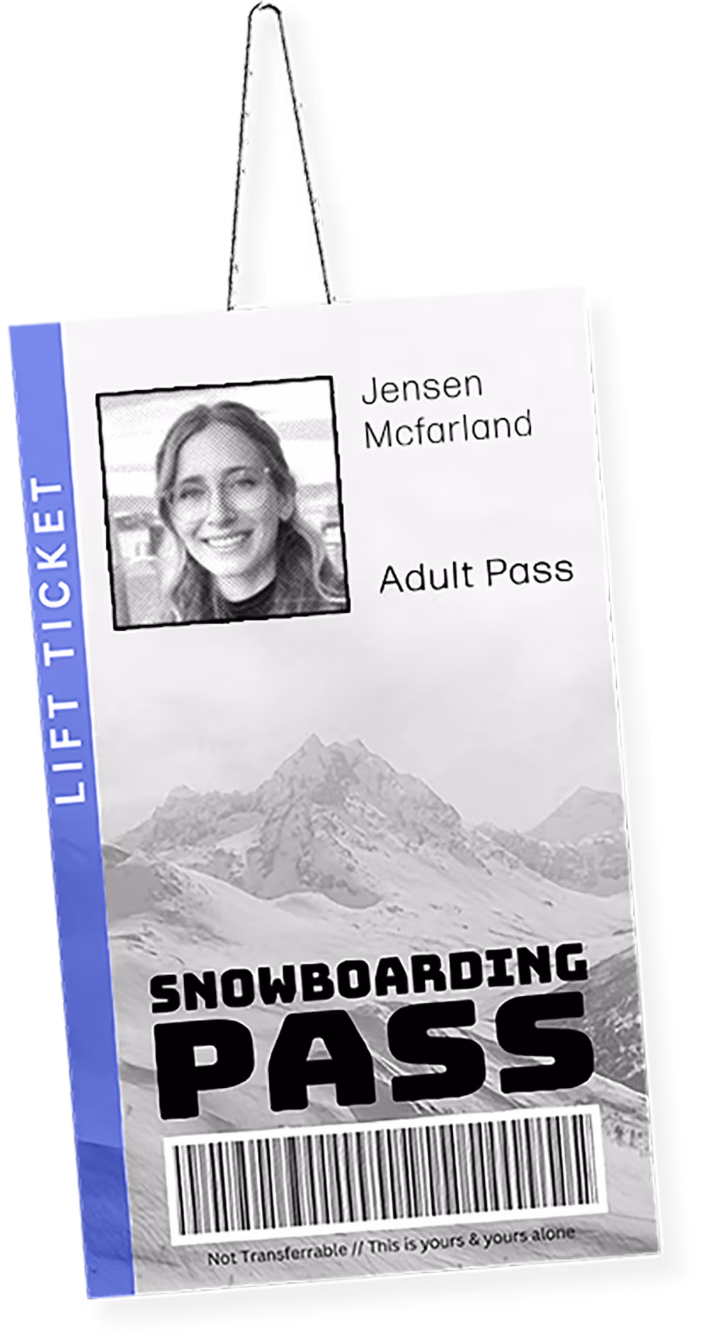 Ski pass graphic featuring photo of graphic designer Jensen McFarland