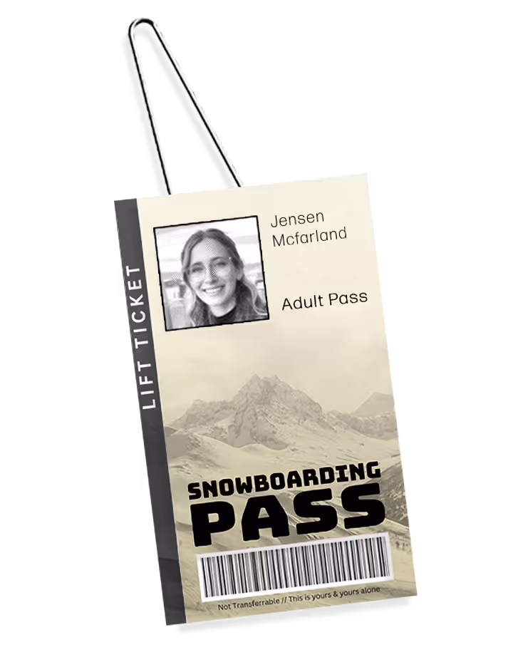 Ski pass graphic featuring photo of graphic designer Jensen McFarland