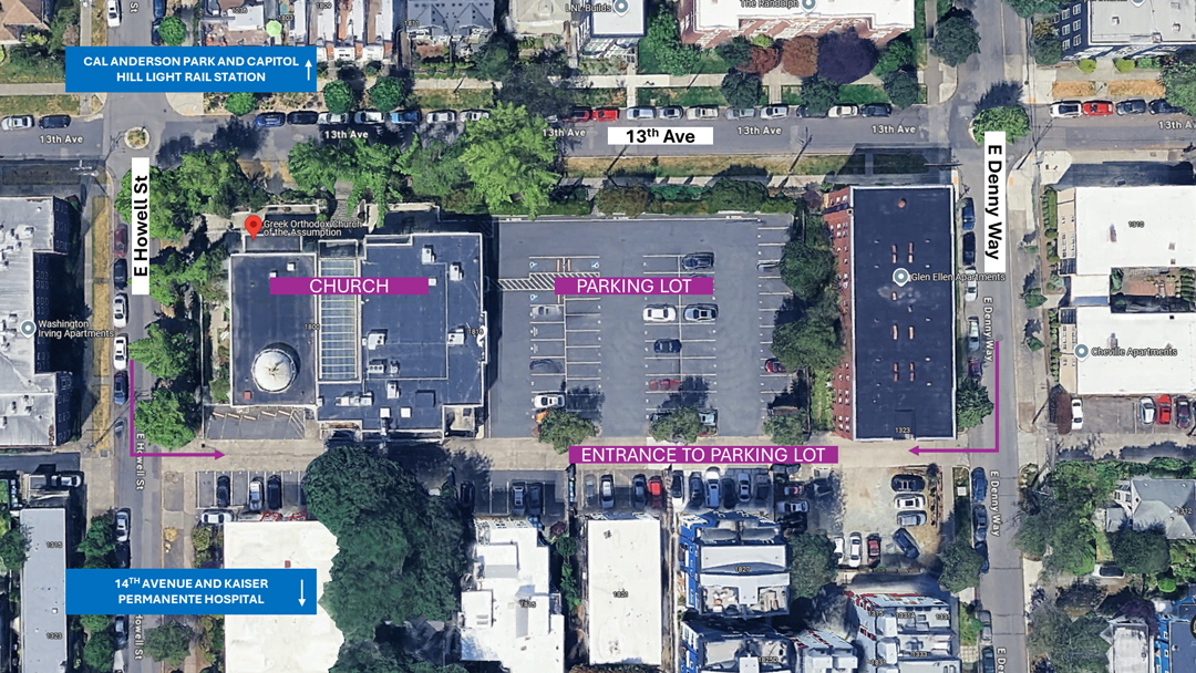 Overhead map of the Assumption Greek Orthodox Church's parking lot.