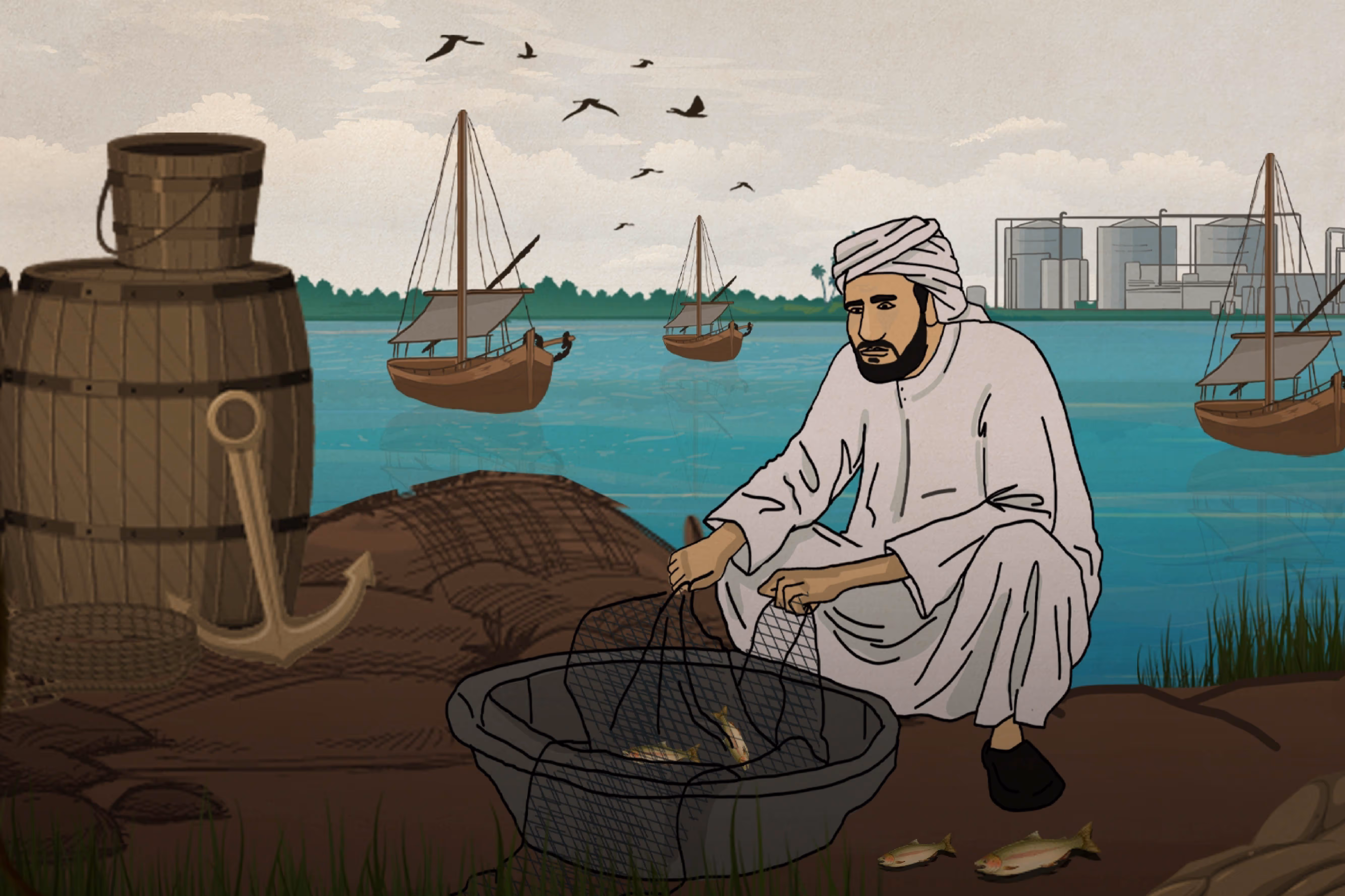 an illustration of a man sitting on a shoreline with boats and anchors surrounding him
