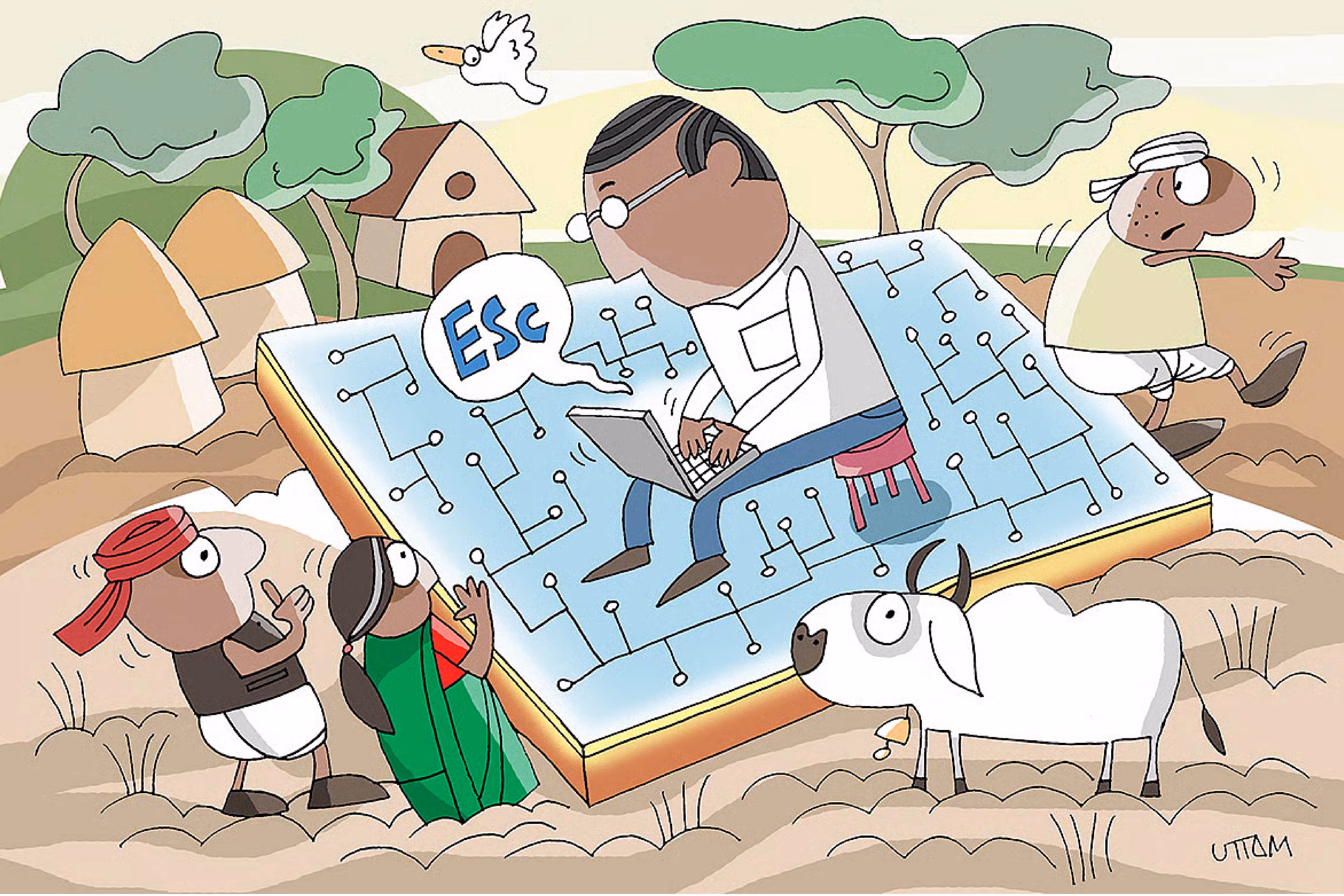 Illustration of a man sitting on top of a circuit board working on his computer in the midst of a traditional farm