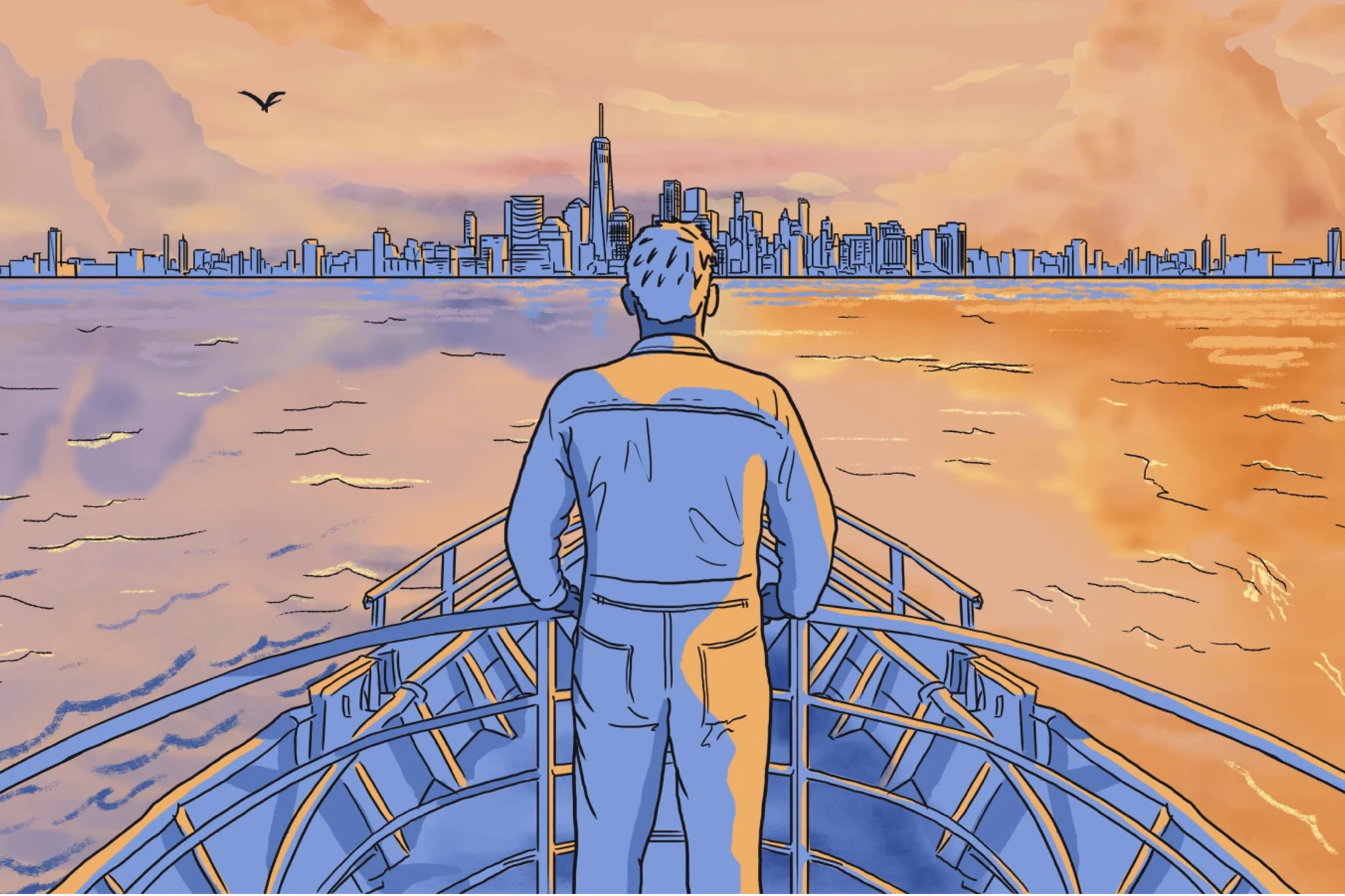 Illustration of a man standing on a boat coming in to the NYC skyline