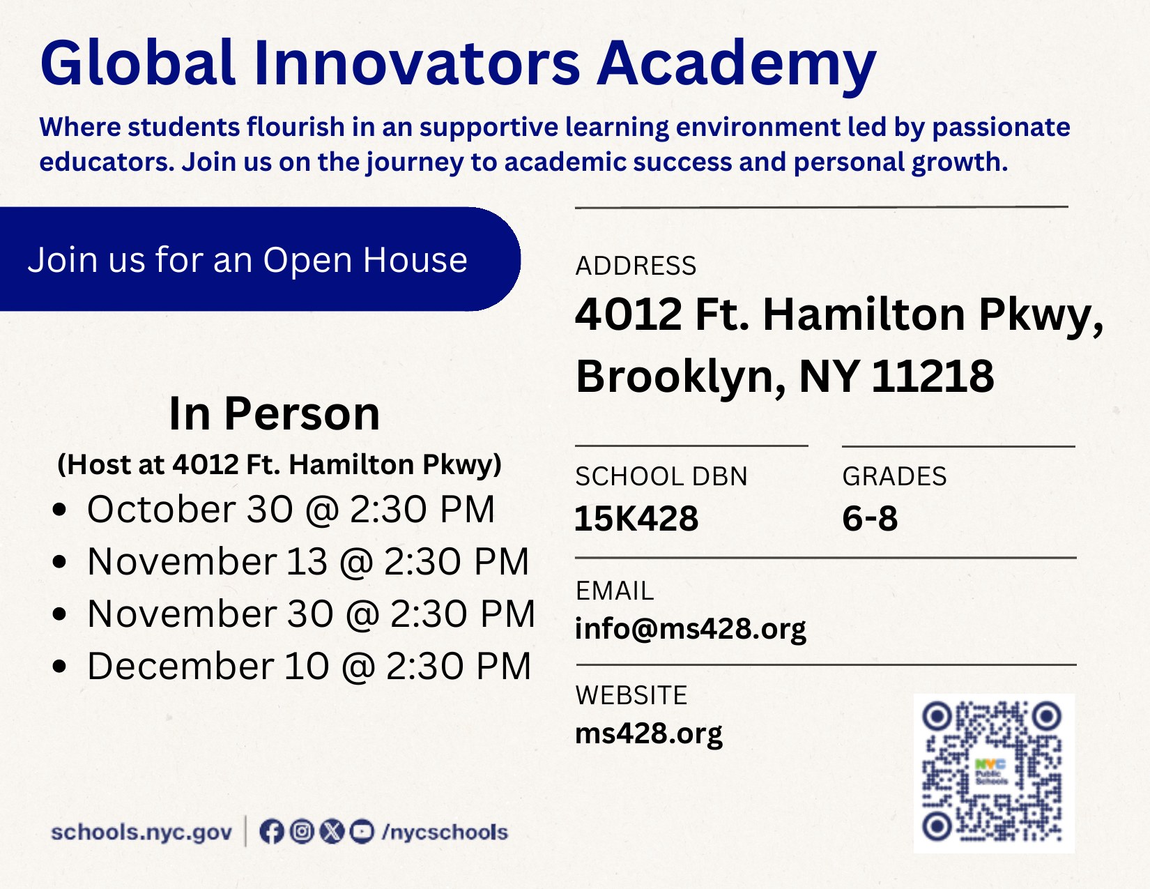 MS 428 Global Innovators Academy Open House - Oct 30, Nov 13, Nov 30, Dec 10 at 2:30 PM, 4012 Ft. Hamilton Pkwy, Brooklyn