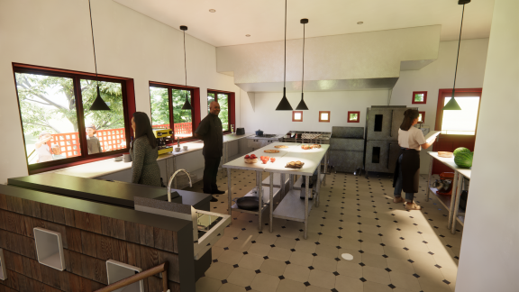 3D render of barn addition showing cafe teaching kitchen