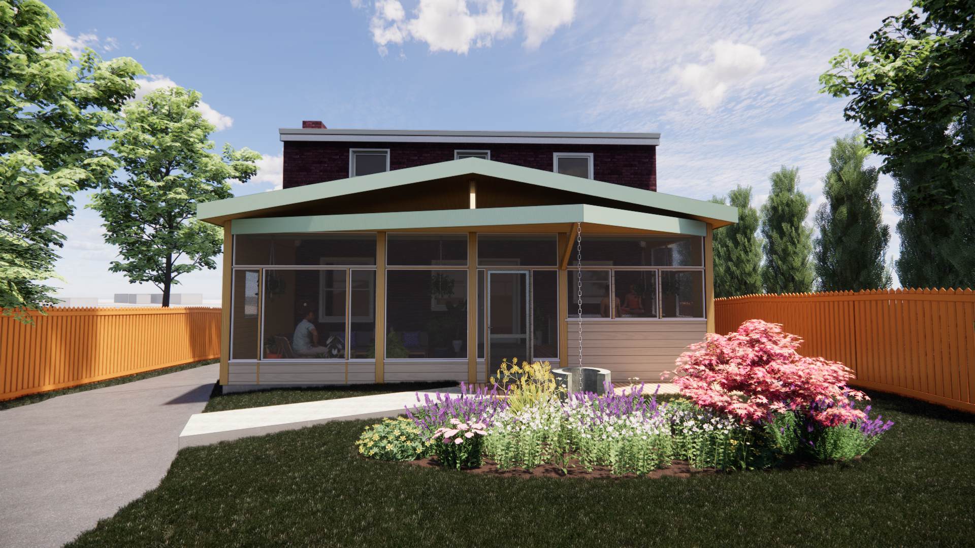 3D render of backyard covered porch addition