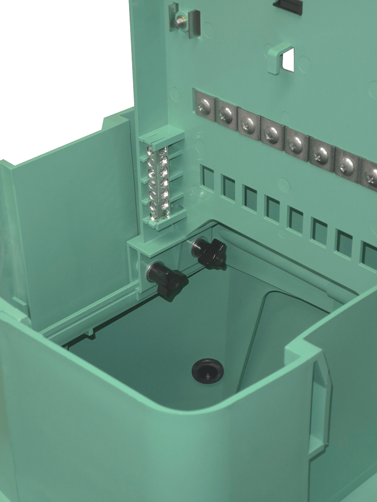 Close up of Apex 100 interior showing wire straps and clips for splice tray (not included)