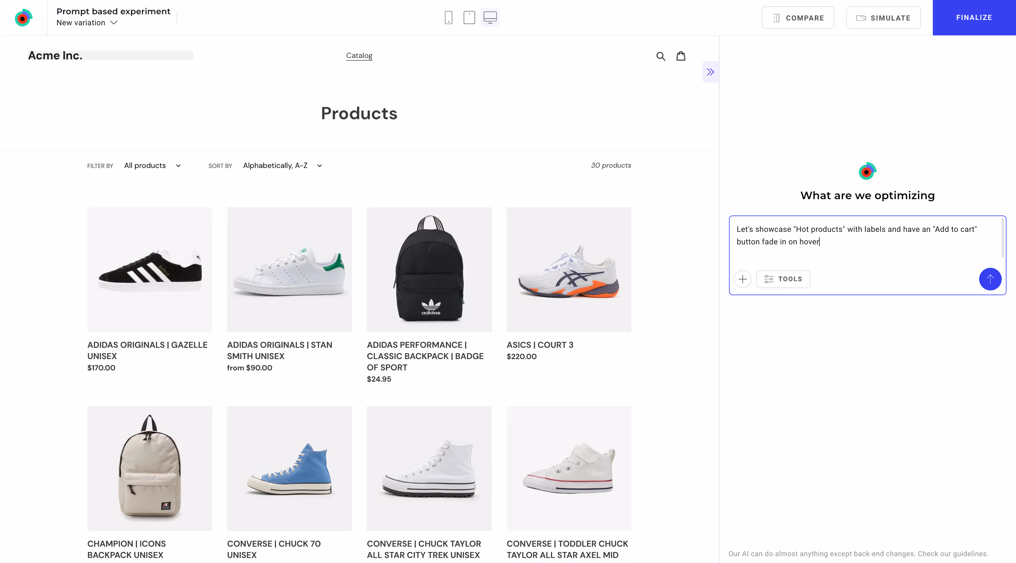 The start of a prompt-based experiment on a retail site.