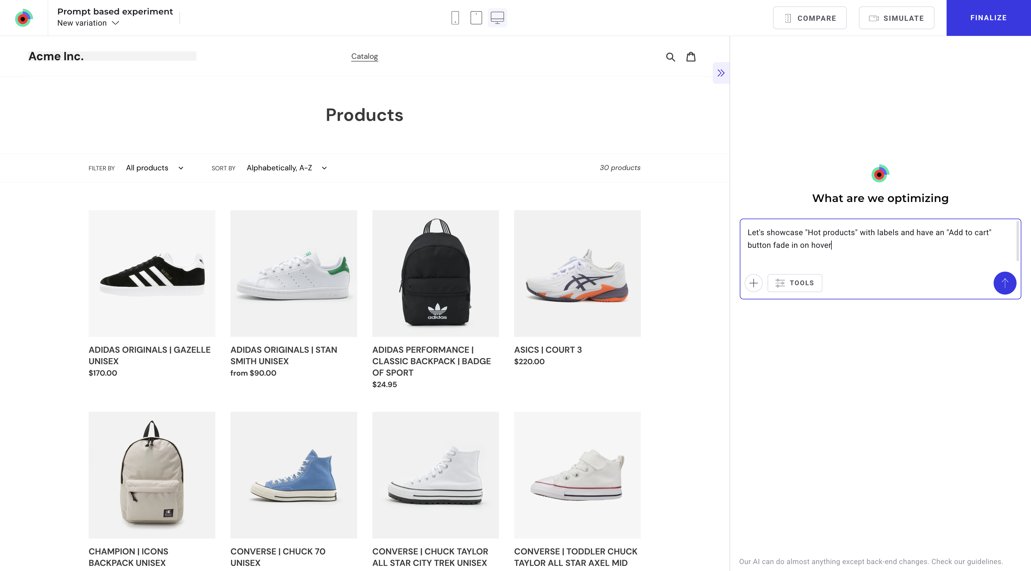 Beginning a chat on prompt-based experimentation for a retail website.