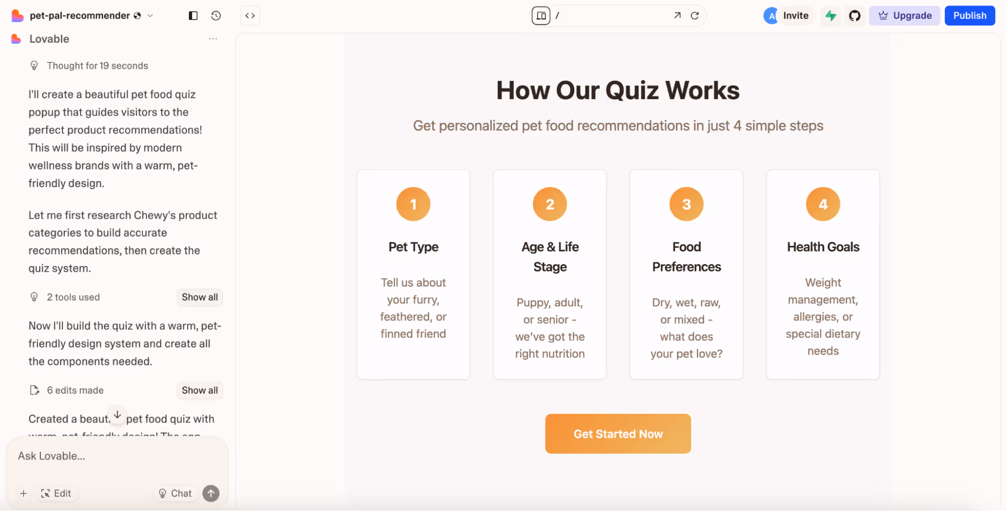A pet food purchase quiz generated by Lovable.