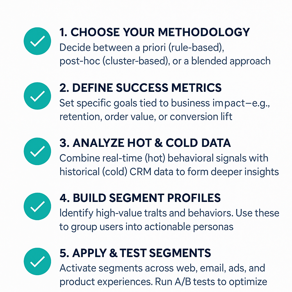 Checklist showing five steps of effective segmentation: 1) Choose methodology, 2) Define success, 3) Analyze hot and cold data, 4) Build segment profiles, 5) Apply and test. Created by Kameleoon