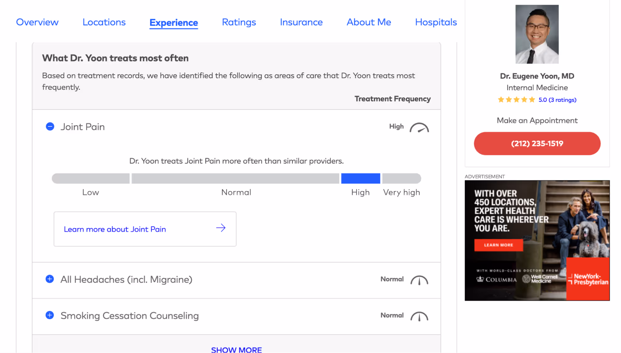 Physician profile with important information for patients