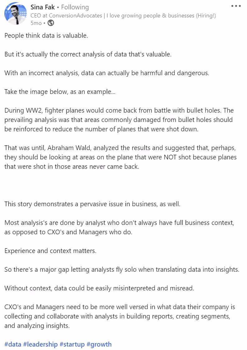 Sina Fak Data Analysis LinkedIn post