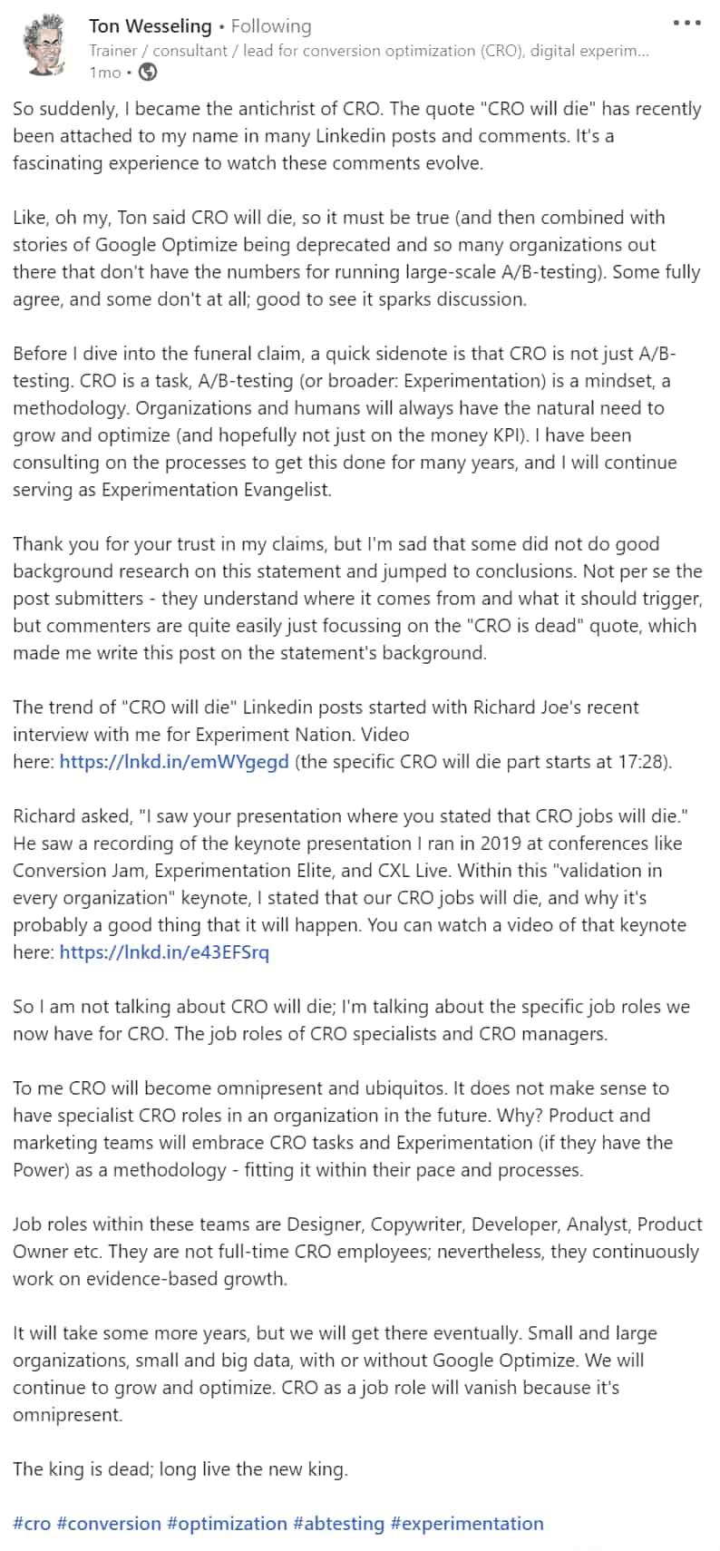 Ton Wesseling CRO is Dead LinkedIn post