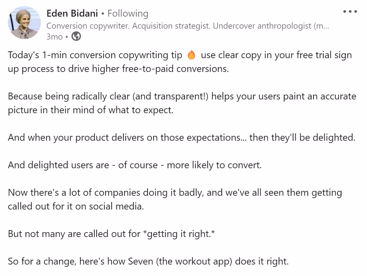 Eden Bidani copywriting LinkedIn post