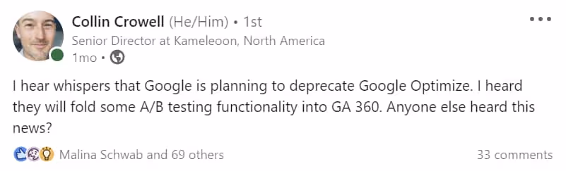 Collin Crowell Google Optimize LinkedIn post