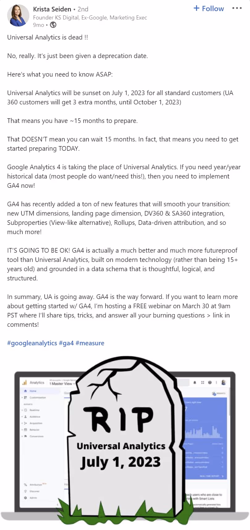 Krista Seidan Google Analytics 4 LinkedIn post