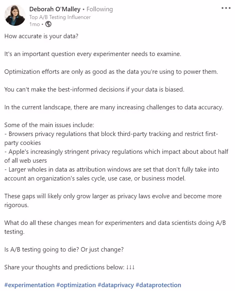 Deborah O'Malley data accuracy LinkedIn post