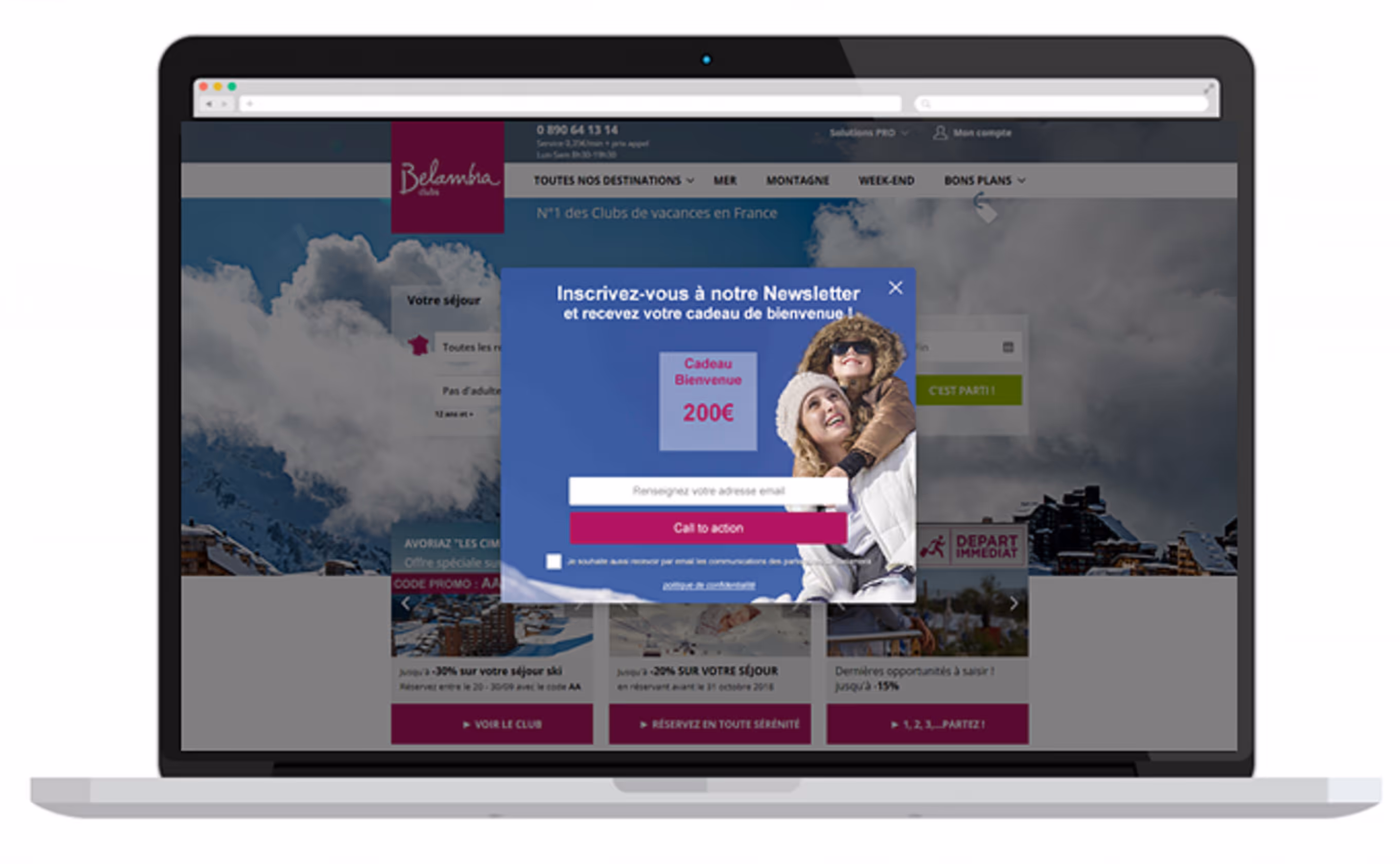 Example of generating leads with a pop-in by Belambra