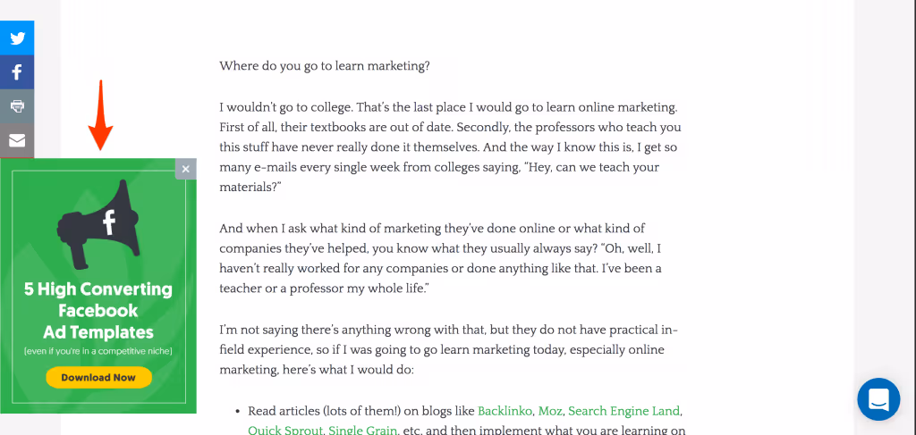 Screenshot of a slide-in pop-up