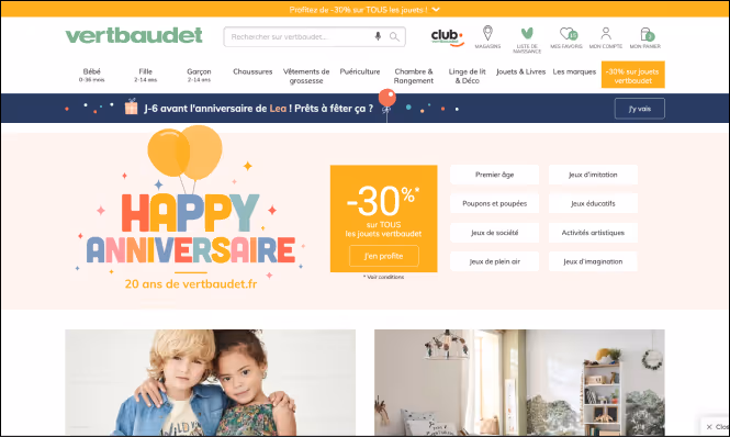 Growth Hacking - Compte à rebours avant l'anniversaire sur le site Vertbaudet