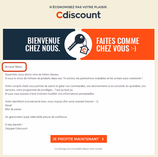 email personnalisé nouveaux inscrits Cdiscount