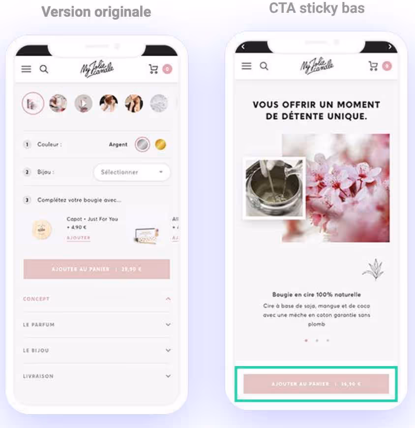 AB testing sur site mobile avec un CTA sticky site My Jolie candle