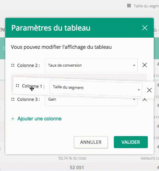 Tableau de segmentation : paramètres d'affichages