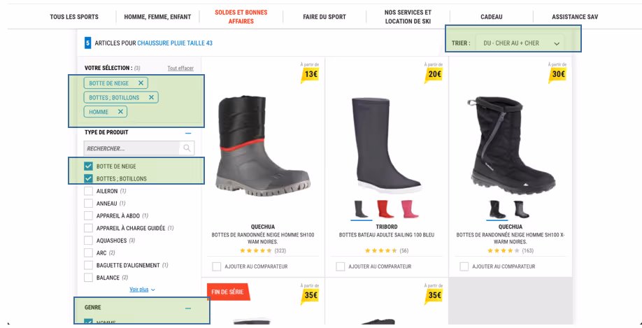 personnalisation de la recherche par genre, par prix et par type de produit