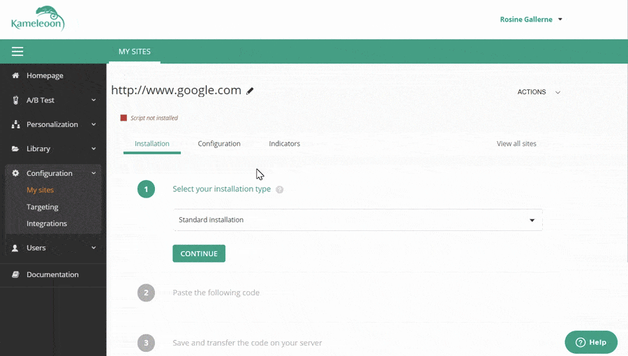 Product update Kameleoon - Nouveaux metrics, tooltip, compteur de visites, page de configuration et scroll tracking - Page Installation