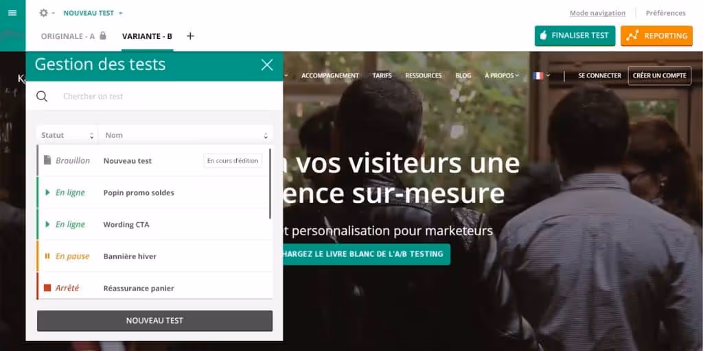 Editeur graphique AB testing : gestion des tests AB