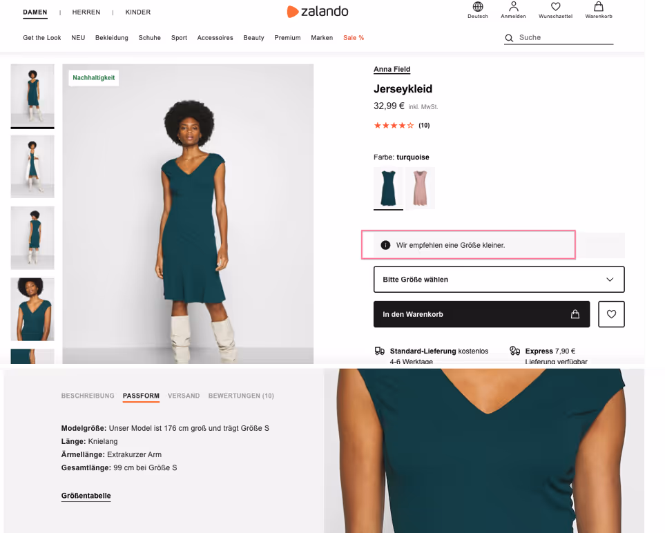 Zalando spricht Groessenempfehlungen aus