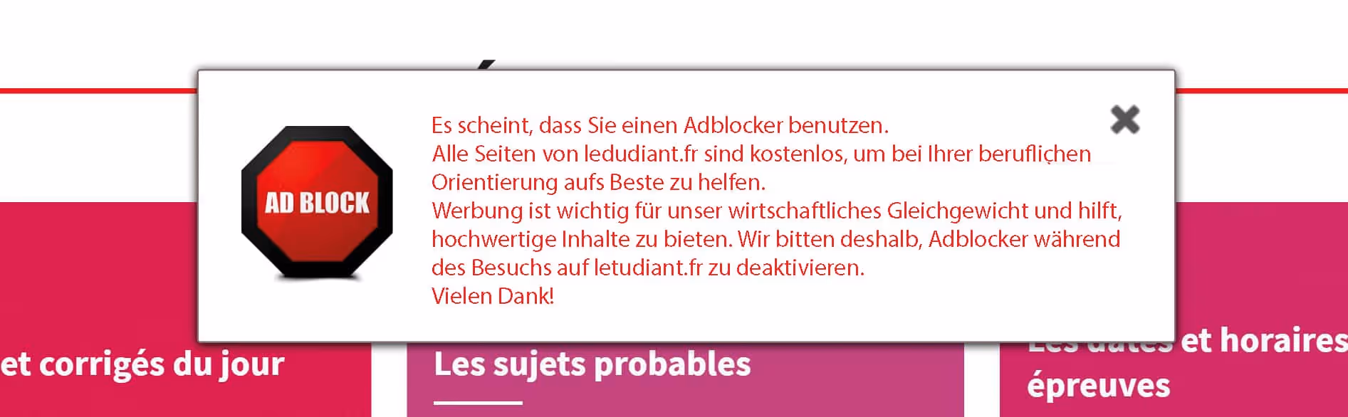 pop-up ohne zu stören -letudiant.fr