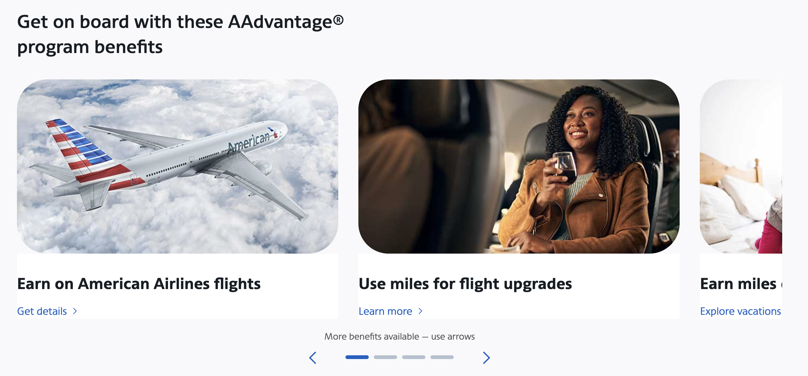 AAdvantage benefits carousel, PBX variation with partial next-card preview