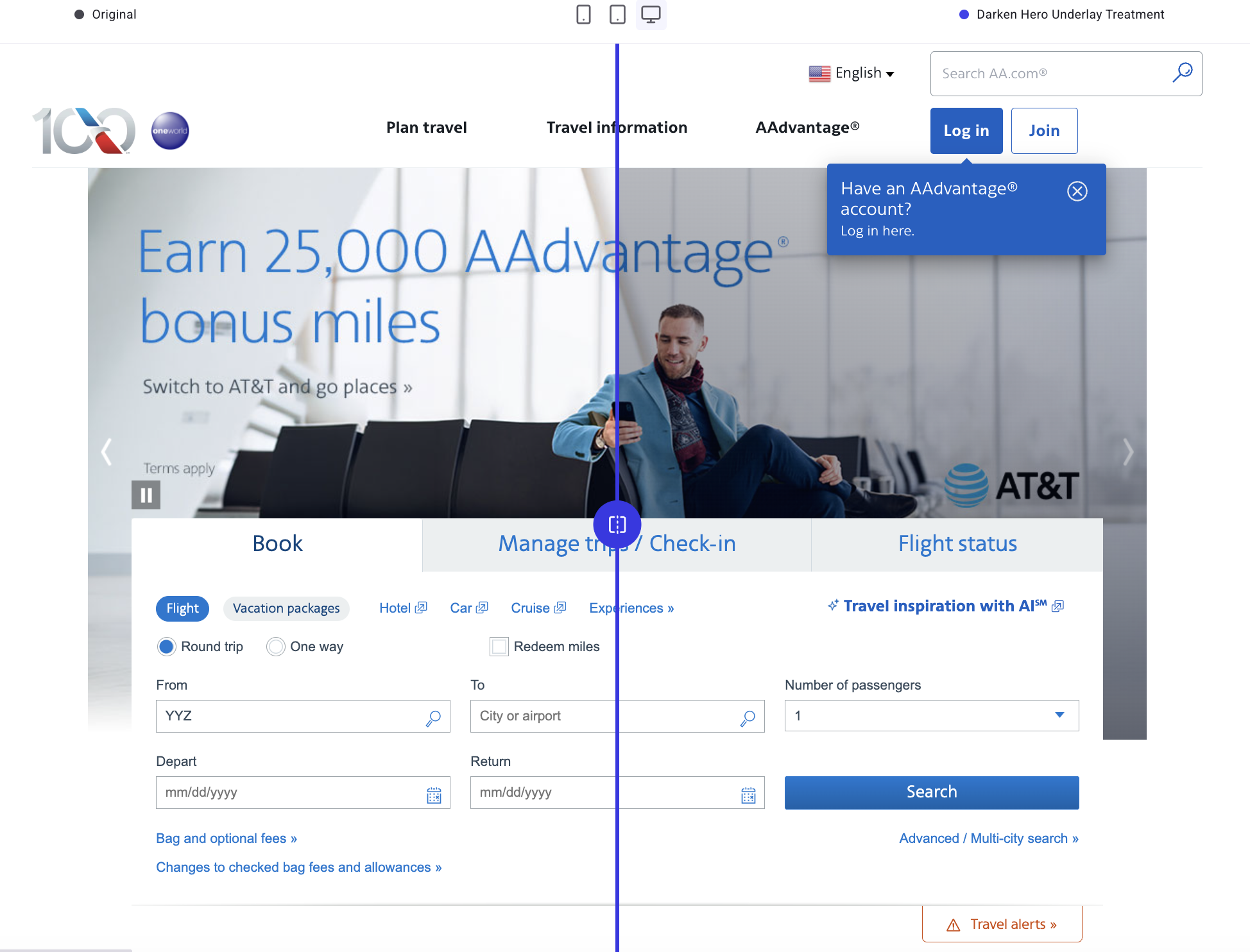American Airlines homepage hero, control versus PBX dark-overlay variation