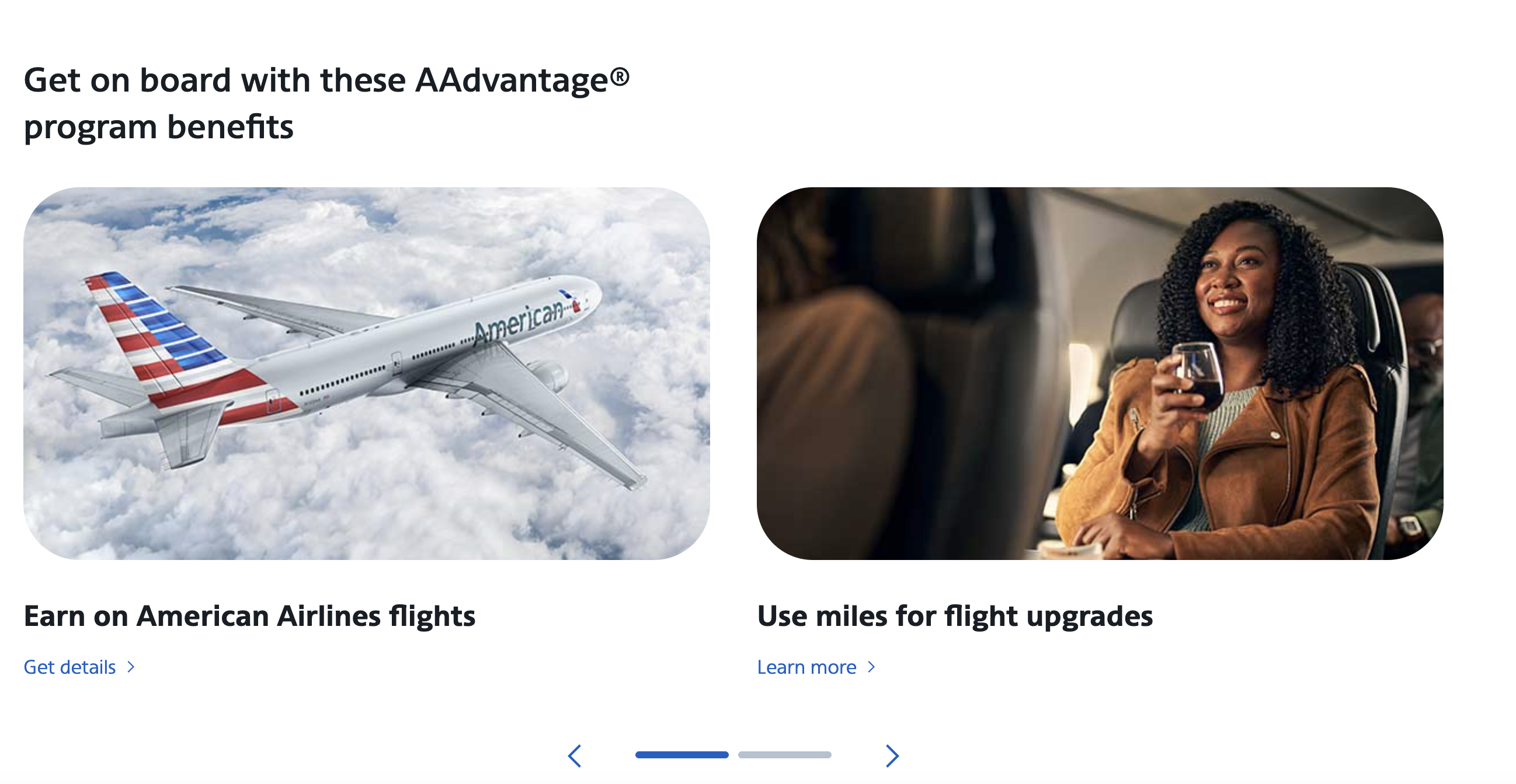 AAdvantage benefits carousel, original layout with no peek