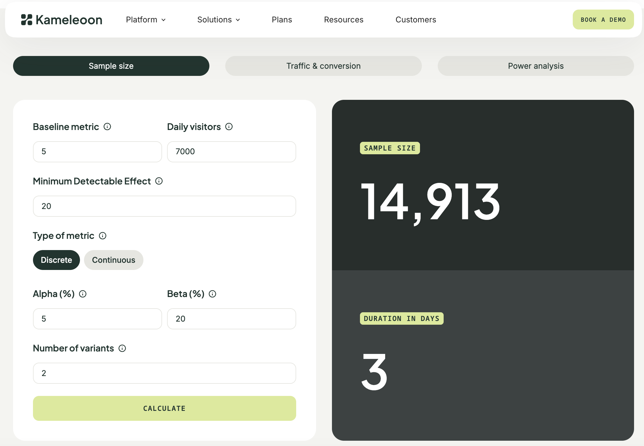 The Kameleoon A/B testing calculator for sample size, test duration, traffic & conversion, and power analysis.