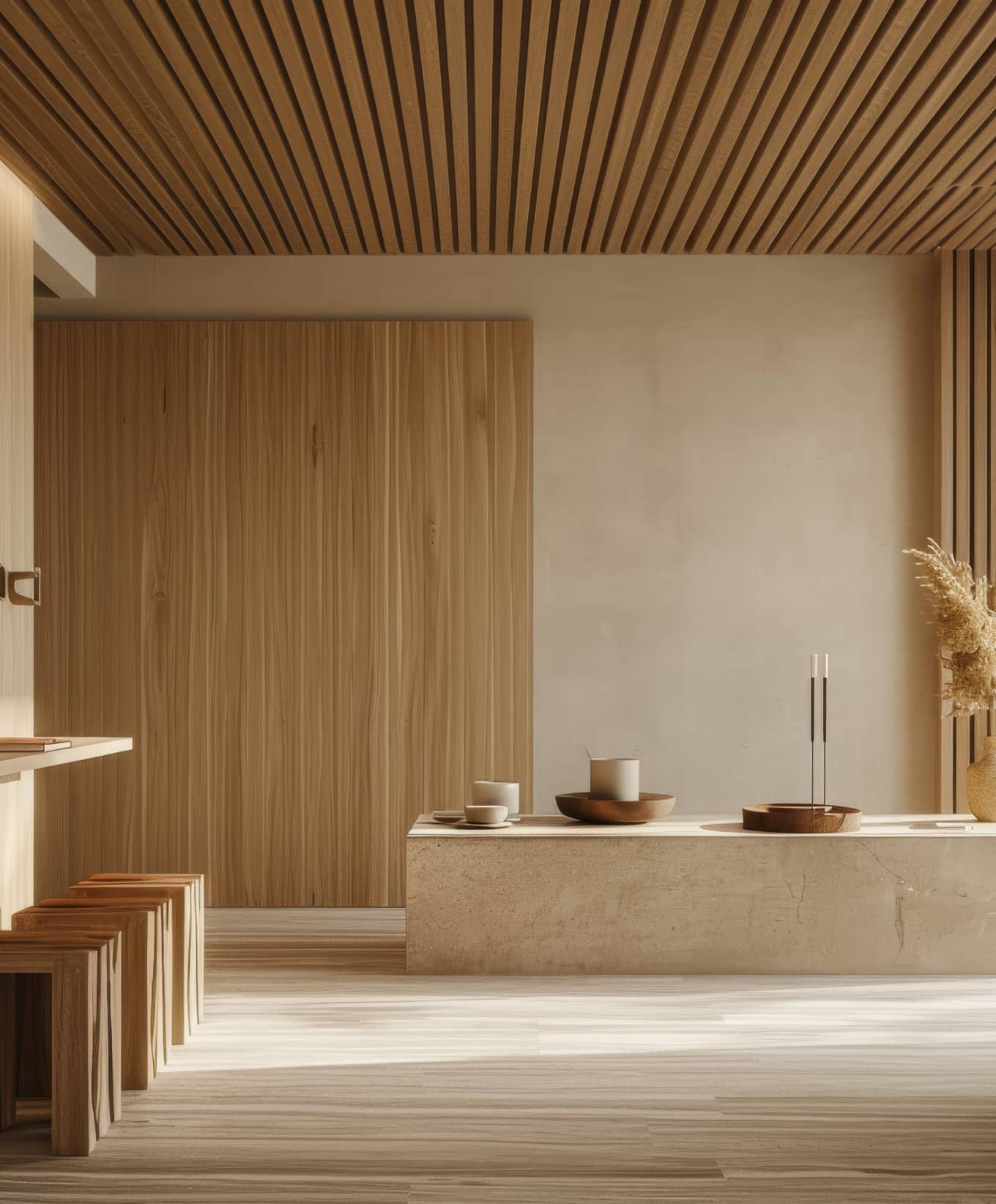 Warm minimalist interior featuring a wooden slatted ceiling, natural stone island, and soft neutral walls with curated décor in gentle natural light.