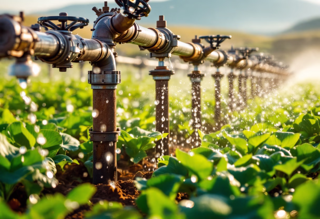 image of a modern irrigation system in a crop field